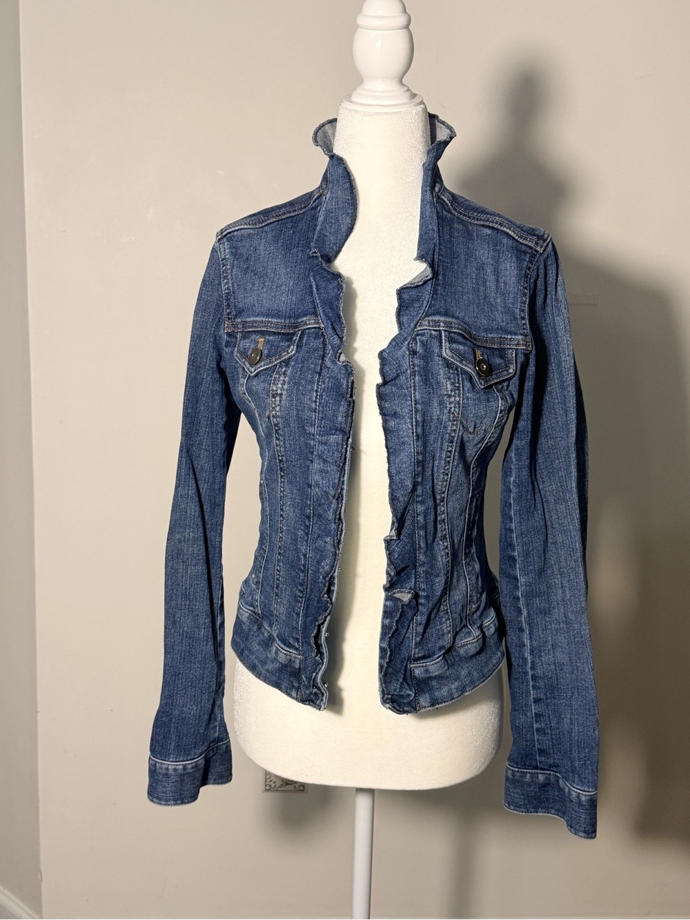 White House Black Market Blue Denim Ruffle-Front Jacket
